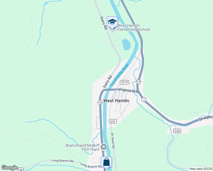 map of restaurants, bars, coffee shops, grocery stores, and more near 16 Dairy Road in West Hamlin