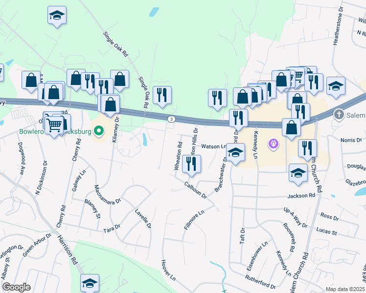 map of restaurants, bars, coffee shops, grocery stores, and more near 12015 Wheaton Road in Fredericksburg