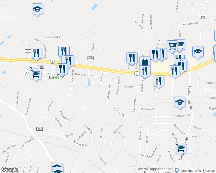 map of restaurants, bars, coffee shops, grocery stores, and more near 12014 Wheaton Road in Fredericksburg