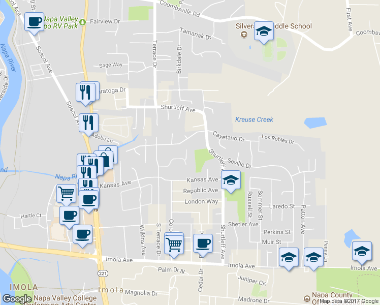 map of restaurants, bars, coffee shops, grocery stores, and more near 57 Belvedere Court in Napa