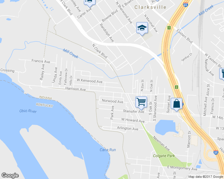 map of restaurants, bars, coffee shops, grocery stores, and more near 503 W Harrison Ave in Clarksville