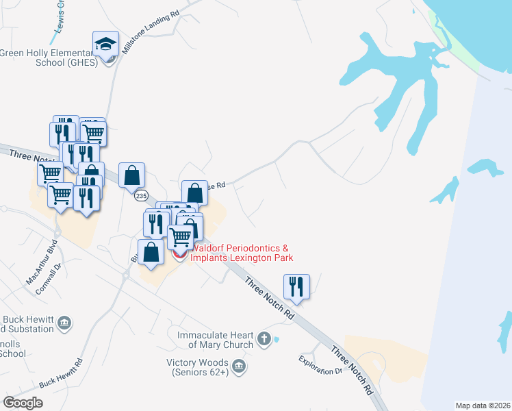 map of restaurants, bars, coffee shops, grocery stores, and more near 46342 Dunleigh Court in Lexington Park