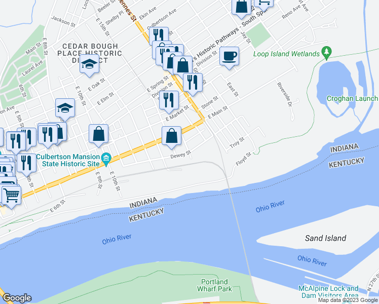 map of restaurants, bars, coffee shops, grocery stores, and more near 1601 Dewey Street in New Albany