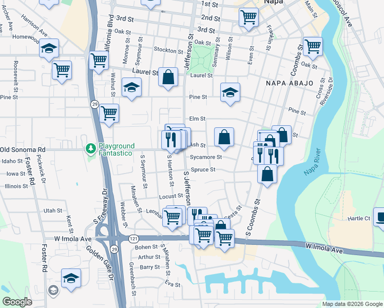 map of restaurants, bars, coffee shops, grocery stores, and more near 1760 Sycamore Street in Napa