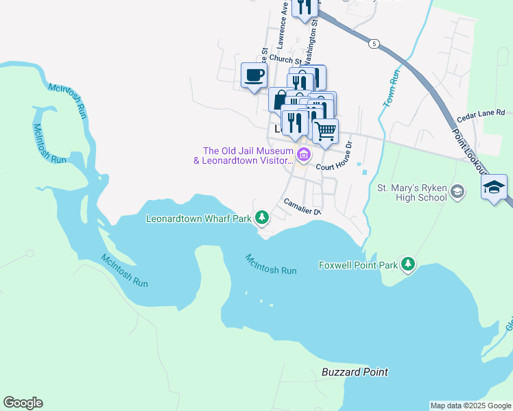 map of restaurants, bars, coffee shops, grocery stores, and more near 22538 Landing Way in Leonardtown