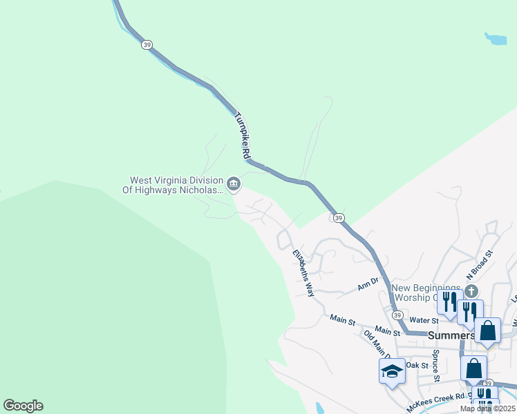 map of restaurants, bars, coffee shops, grocery stores, and more near 580 Bright Mountain Road in Summersville
