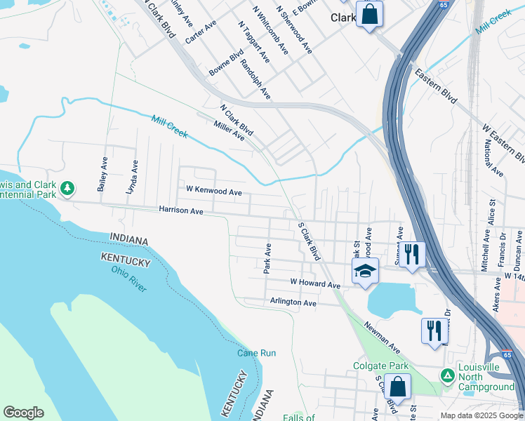 map of restaurants, bars, coffee shops, grocery stores, and more near 511 West Harrison Avenue in Clarksville