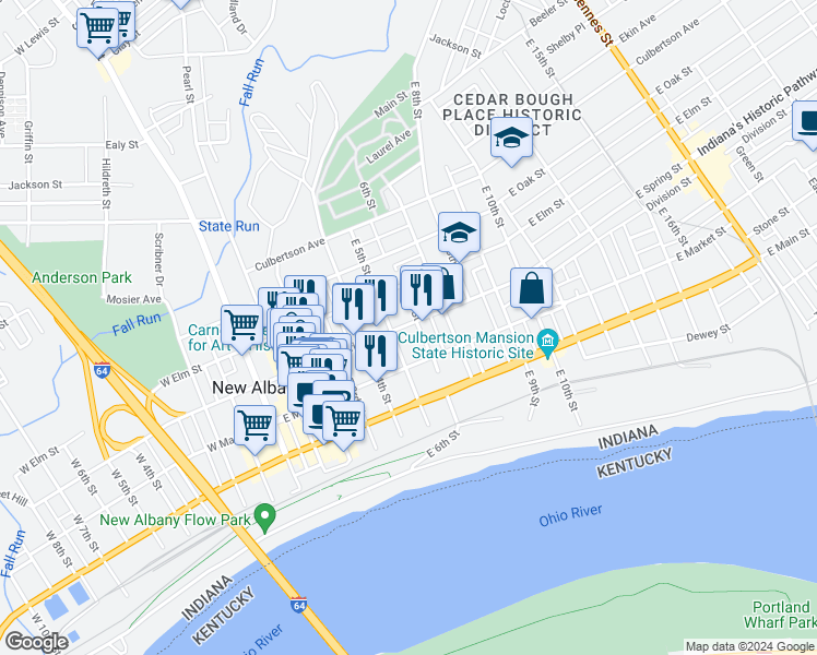 map of restaurants, bars, coffee shops, grocery stores, and more near 538 East Spring Street in New Albany