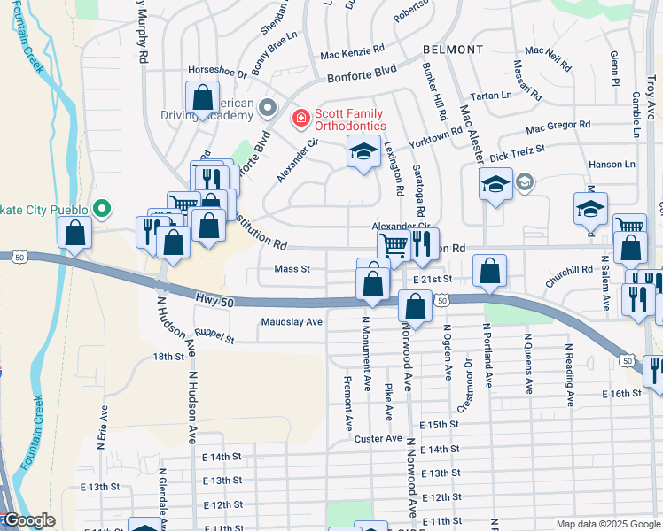 map of restaurants, bars, coffee shops, grocery stores, and more near 1301 Anita Street in Pueblo