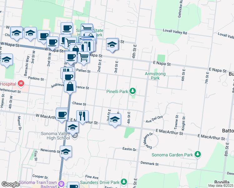 map of restaurants, bars, coffee shops, grocery stores, and more near 321 France Street in Sonoma