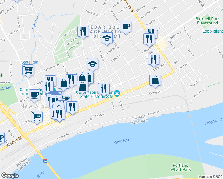 map of restaurants, bars, coffee shops, grocery stores, and more near 912 East Market Street in New Albany