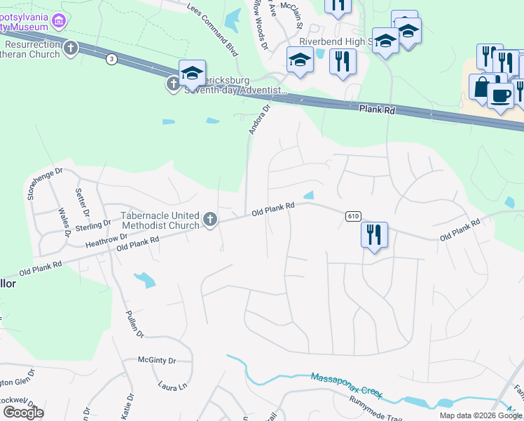 map of restaurants, bars, coffee shops, grocery stores, and more near 7201 County Road 610 in Fredericksburg