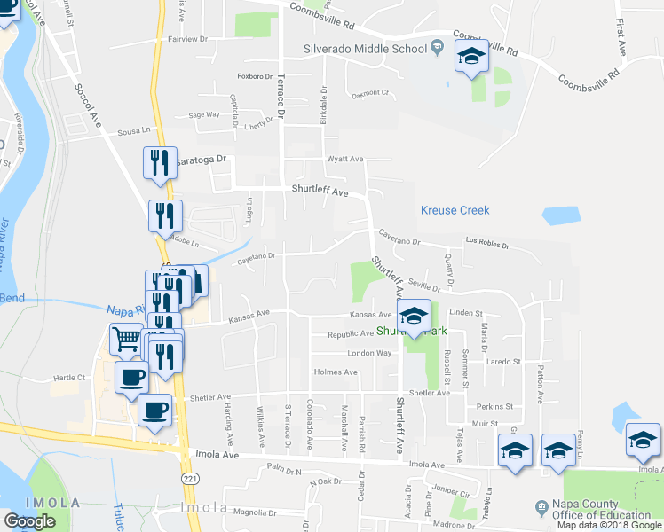 map of restaurants, bars, coffee shops, grocery stores, and more near 57 Belvedere Court in Napa