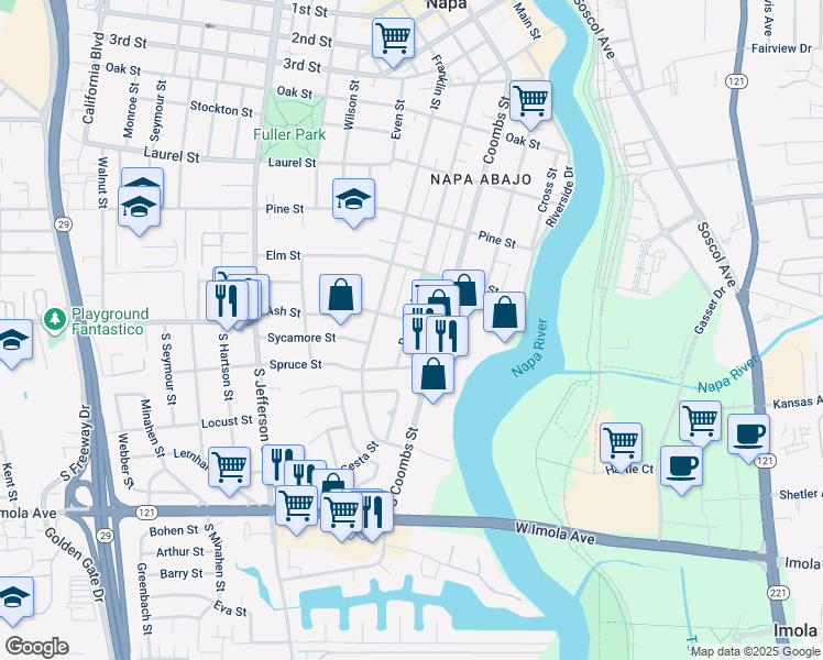 map of restaurants, bars, coffee shops, grocery stores, and more near 75 Coombs Street in Napa