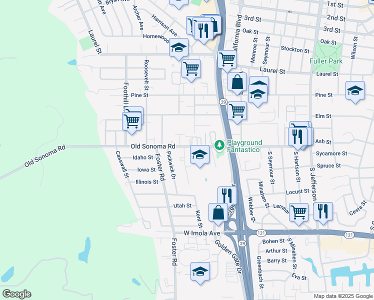map of restaurants, bars, coffee shops, grocery stores, and more near 101 Underhill Drive in Napa