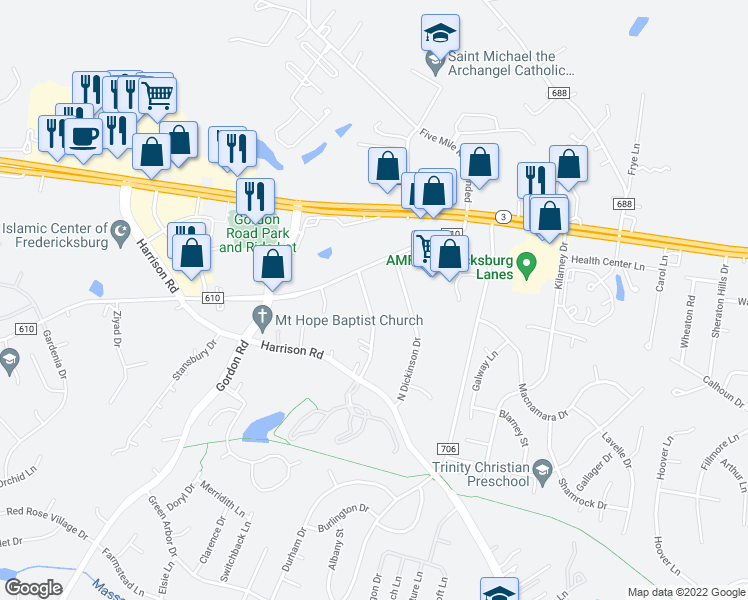 map of restaurants, bars, coffee shops, grocery stores, and more near 12009 Dogwood Avenue in Fredericksburg