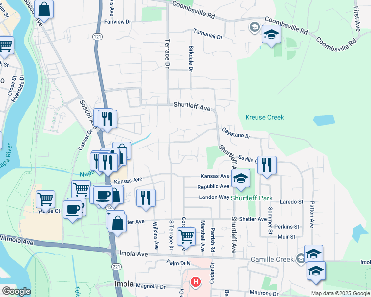map of restaurants, bars, coffee shops, grocery stores, and more near 29 Belvedere Court in Napa