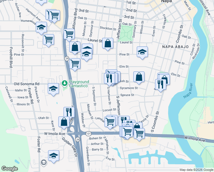 map of restaurants, bars, coffee shops, grocery stores, and more near 111 South Hartson Street in Napa