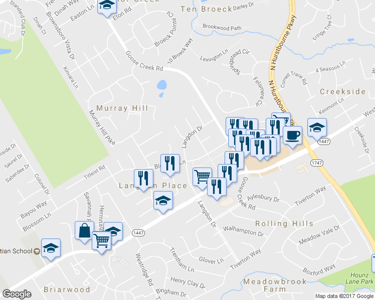 map of restaurants, bars, coffee shops, grocery stores, and more near 2725 Langdon Drive in Louisville