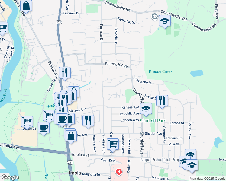 map of restaurants, bars, coffee shops, grocery stores, and more near 30 Belvedere Court in Napa
