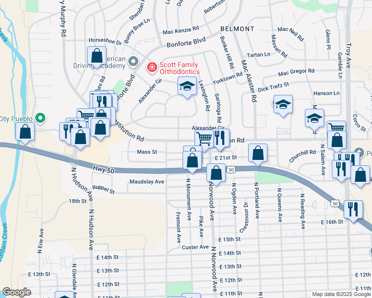 map of restaurants, bars, coffee shops, grocery stores, and more near 1327 Anita Street in Pueblo