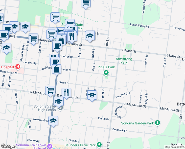 map of restaurants, bars, coffee shops, grocery stores, and more near 321 France Street in Sonoma
