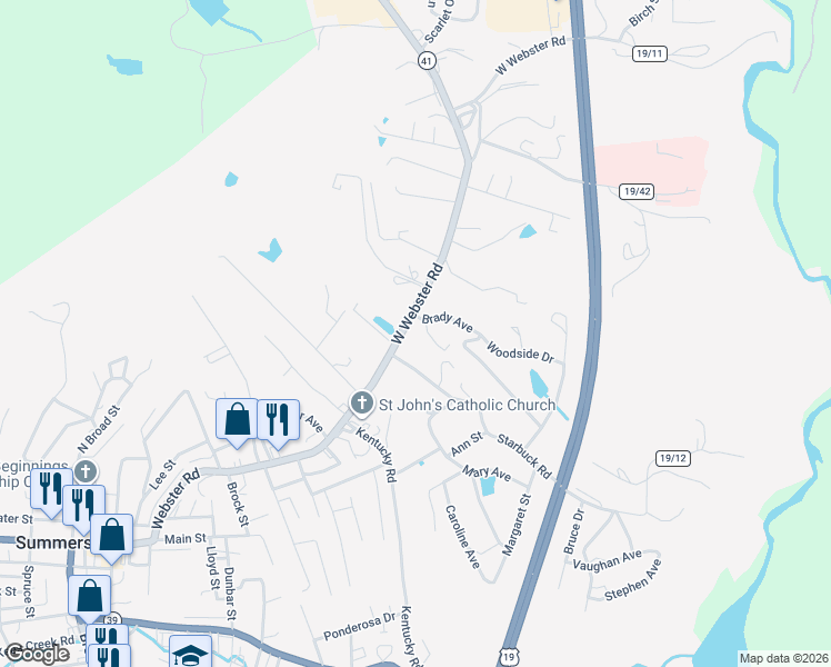 map of restaurants, bars, coffee shops, grocery stores, and more near 1800 Webster Rd in Summersville