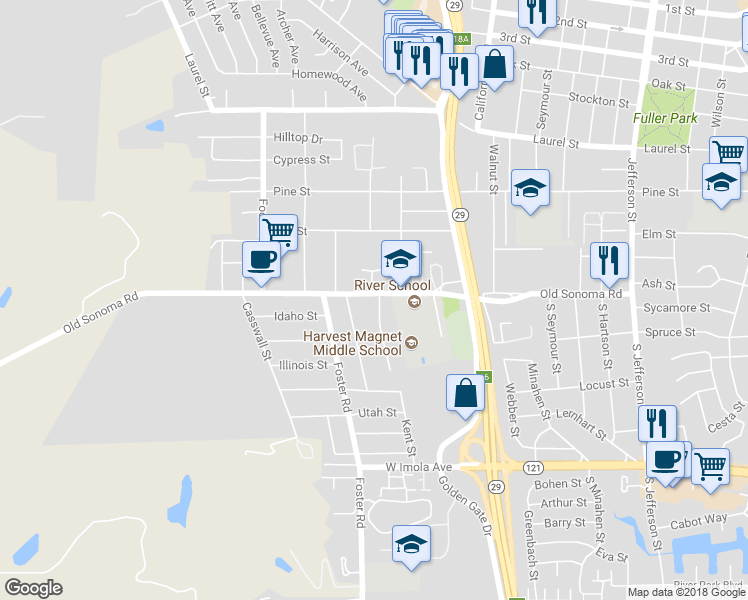 map of restaurants, bars, coffee shops, grocery stores, and more near 101 Underhill Drive in Napa