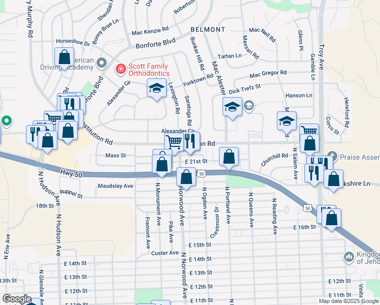 map of restaurants, bars, coffee shops, grocery stores, and more near 1413 Anita Street in Pueblo