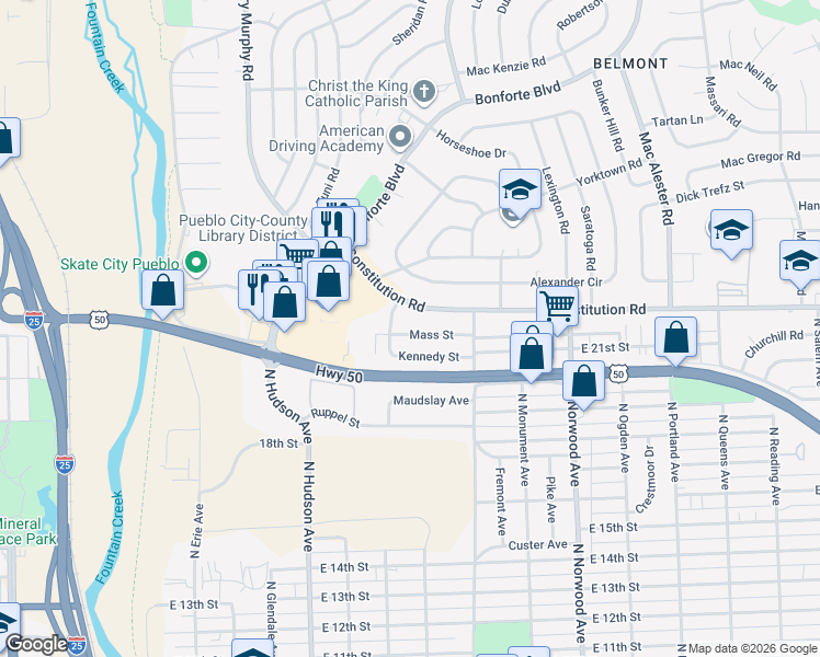 map of restaurants, bars, coffee shops, grocery stores, and more near 1105 Mass Street in Pueblo