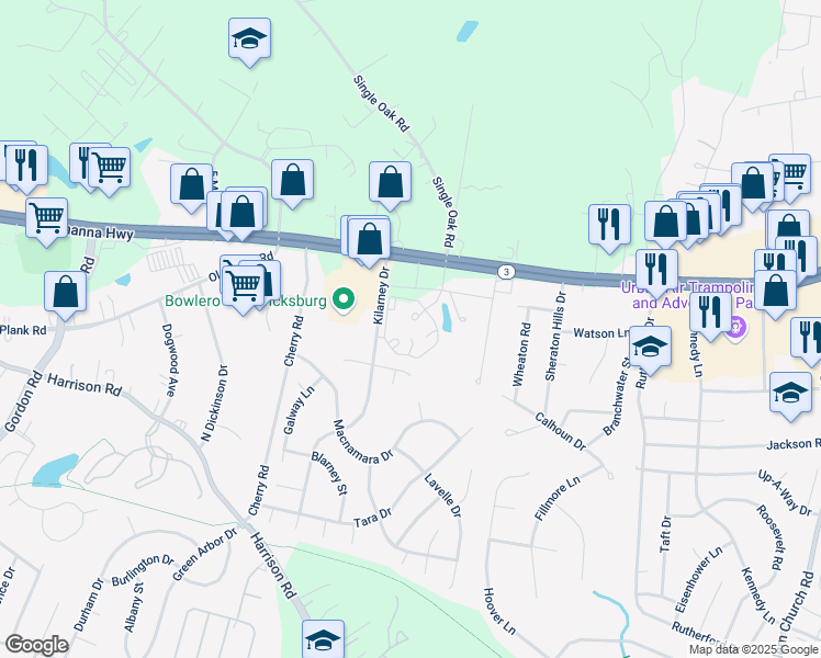 map of restaurants, bars, coffee shops, grocery stores, and more near 12100 Chancellors Village Lane in Fredericksburg