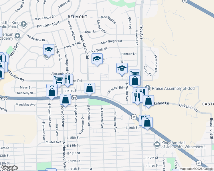 map of restaurants, bars, coffee shops, grocery stores, and more near 17 Churchill Place in Pueblo