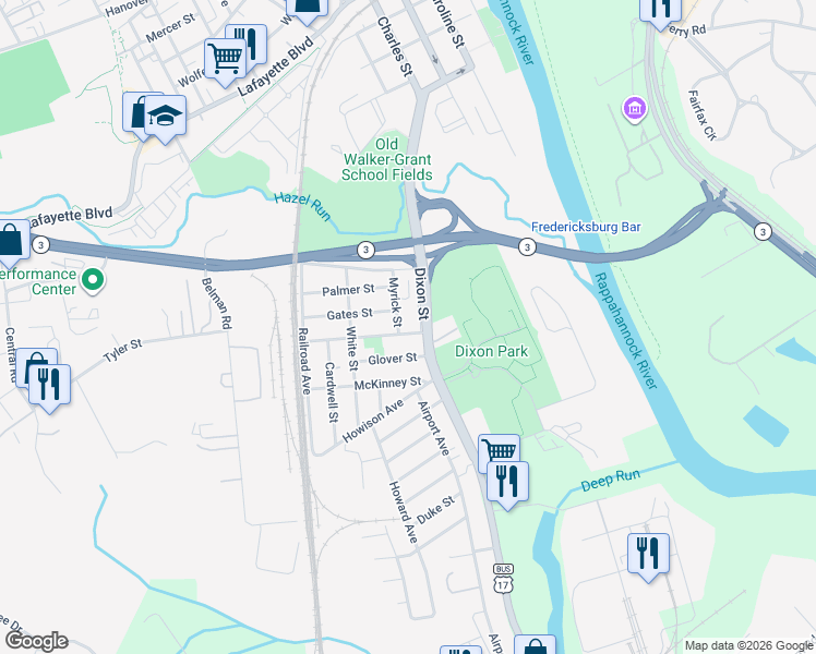 map of restaurants, bars, coffee shops, grocery stores, and more near 213 Tyler Street in Fredericksburg