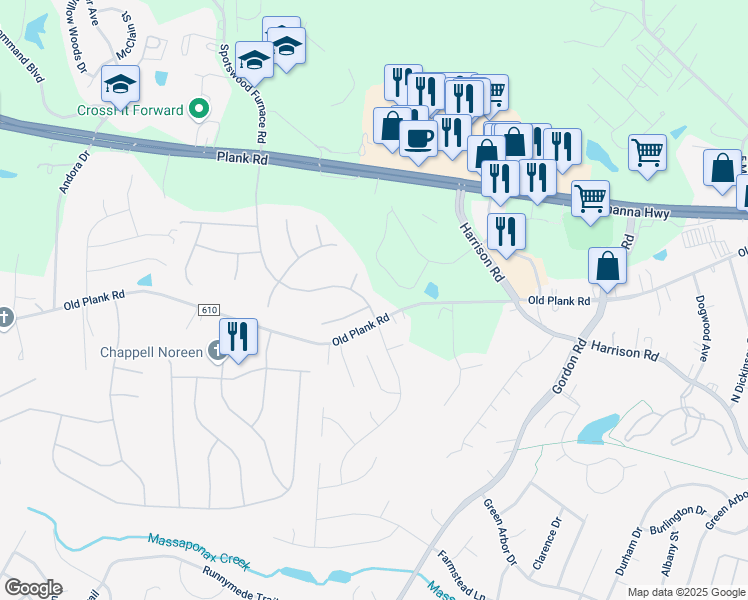 map of restaurants, bars, coffee shops, grocery stores, and more near 11903 Big Ben Boulevard in Fredericksburg