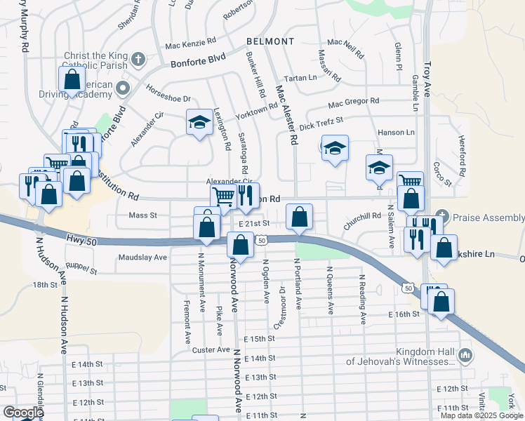 map of restaurants, bars, coffee shops, grocery stores, and more near 2104 North Ogden Avenue in Pueblo