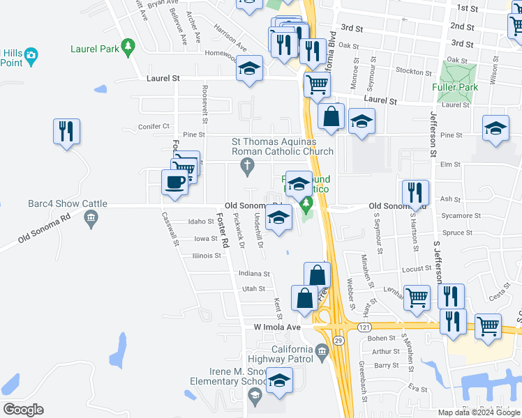 map of restaurants, bars, coffee shops, grocery stores, and more near 2471 Old Sonoma Road in Napa
