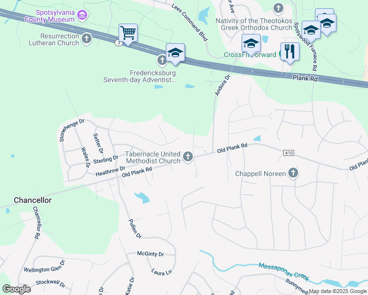 map of restaurants, bars, coffee shops, grocery stores, and more near 11901 Teeside Drive in Fredericksburg