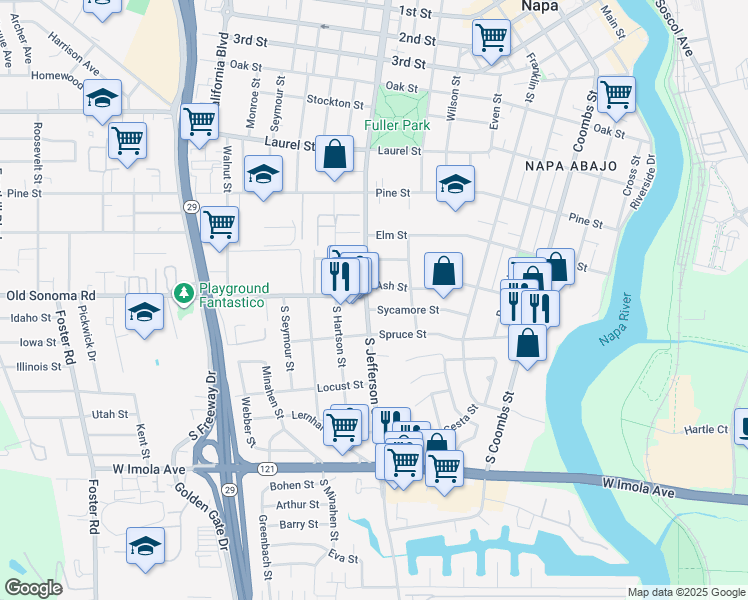 map of restaurants, bars, coffee shops, grocery stores, and more near 1760 Sycamore Street in Napa
