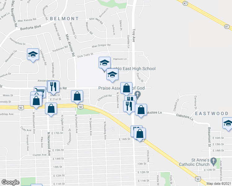map of restaurants, bars, coffee shops, grocery stores, and more near 2105 North Salem Avenue in Pueblo