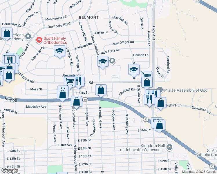 map of restaurants, bars, coffee shops, grocery stores, and more near 2111 North Queens Avenue in Pueblo