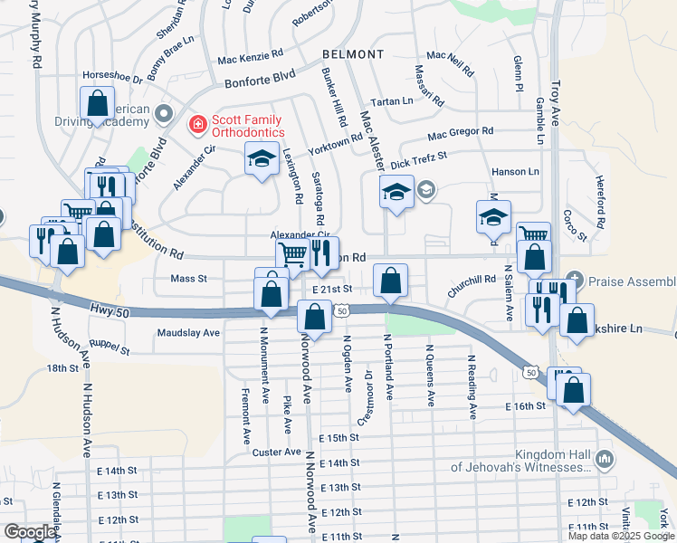 map of restaurants, bars, coffee shops, grocery stores, and more near 2104 North Ogden Avenue in Pueblo