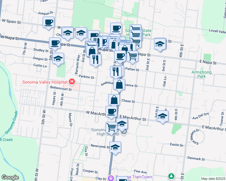 map of restaurants, bars, coffee shops, grocery stores, and more near 745 1st Street West in Sonoma
