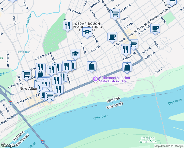 map of restaurants, bars, coffee shops, grocery stores, and more near 912 East Market Street in New Albany