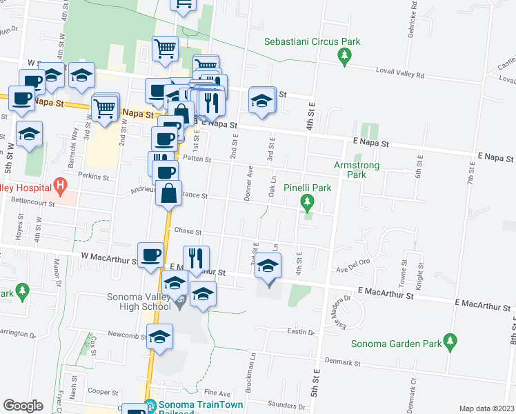 map of restaurants, bars, coffee shops, grocery stores, and more near 297 France Street in Sonoma