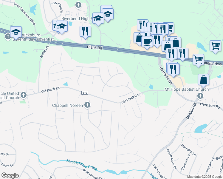 map of restaurants, bars, coffee shops, grocery stores, and more near 11922 Big Ben Boulevard in Fredericksburg