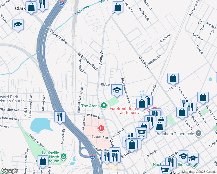 map of restaurants, bars, coffee shops, grocery stores, and more near 208 Riddle Street in Jeffersonville
