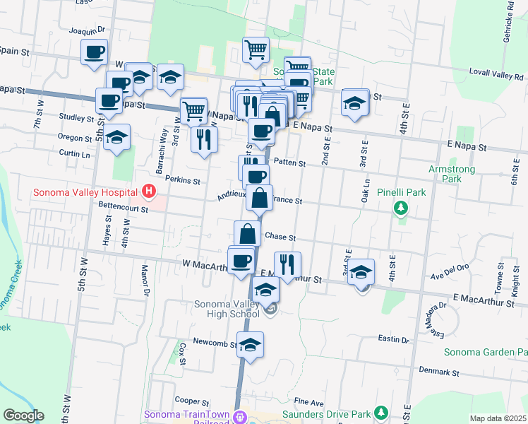 map of restaurants, bars, coffee shops, grocery stores, and more near 738 Broadway in Sonoma