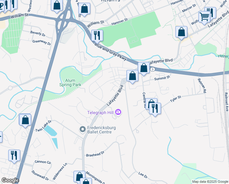 map of restaurants, bars, coffee shops, grocery stores, and more near 1302 Spur Lane in Fredericksburg