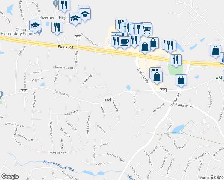map of restaurants, bars, coffee shops, grocery stores, and more near 11903 Big Ben Boulevard in Fredericksburg