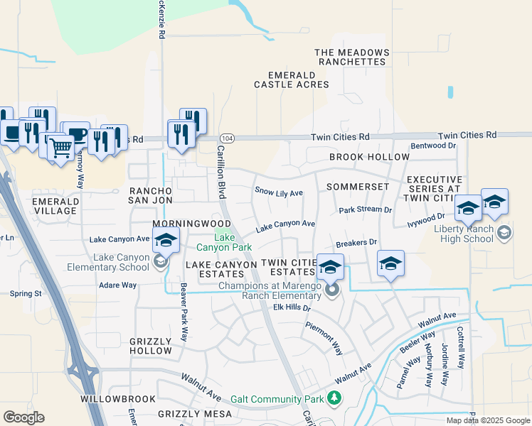 map of restaurants, bars, coffee shops, grocery stores, and more near 1118 Wild Poppy Court in Galt